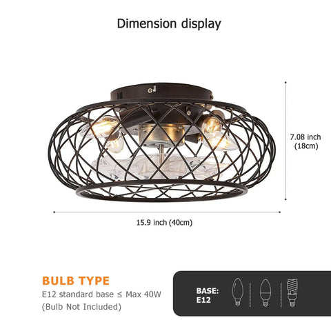 Dimension display of modern black ceiling fan with 17-inch industrial caged design, E12 bulb compatible, light kit included.