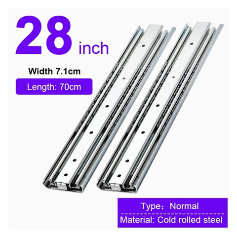 Heavy Duty Full Extension Side Mount Drawer Slides Two Pack Ball Bearing Home Cabinet Hardware Glides Like Silk Hassle Free Install 28 Inch Rails with cold rolled steel construction.