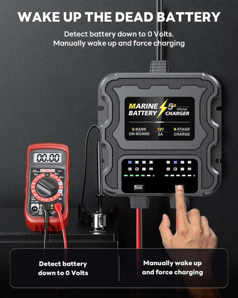 Two Bank Marine Battery Charger 12V 10A Waterproof Onboard Boat Charger With Auto Switch From Full Charge To Float shown in use