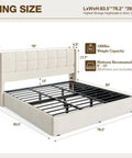 Heavy Duty King Size Upholstered Bed Frame Boasting Smooth Hydraulic Gas Lift Generous Hidden Underbed Storage And Plush Linen Cushioning For A Zero Mess Cozy Sleep Retreat with dimensions and structure detail.