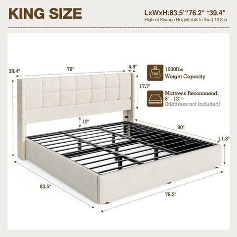 Heavy Duty King Size Upholstered Bed Frame Boasting Smooth Hydraulic Gas Lift Generous Hidden Underbed Storage And Plush Linen Cushioning For A Zero Mess Cozy Sleep Retreat with dimensions and structure detail.