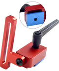 Premium Woodworking T-Slot Stop Limiter With High Accuracy Aluminum Alloy Construction To Nail Exact Chute Lengths And Crush Repeatable Cuts On Standard 30mm Tracks Every Single Time, showing a red and blue hand tool.