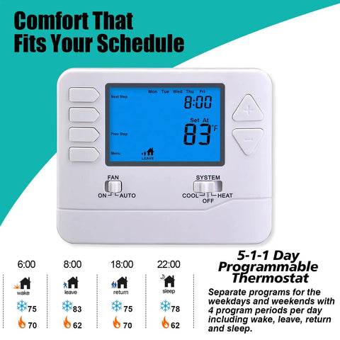 5-1-1 Day Programmable Thermostat For Home Heating And Cooling With 1 Heat 1 Cool Conventional Single Stage Systems, Easy Install, Energy Saving Digital Thermostat For Busy Households showing backlit display with time and temperature settings.