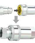 ANCIMOON 1/2'' ISO 5675 poppet hydraulic quick-connect coupler with dust caps, chrome metal, exploded view