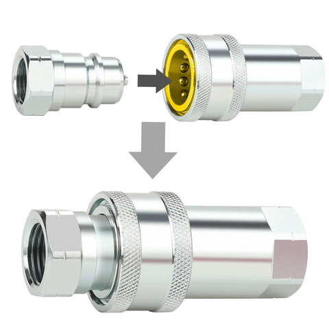 ANCIMOON 1/2'' ISO 5675 poppet hydraulic quick-connect coupler with dust caps, chrome metal, exploded view