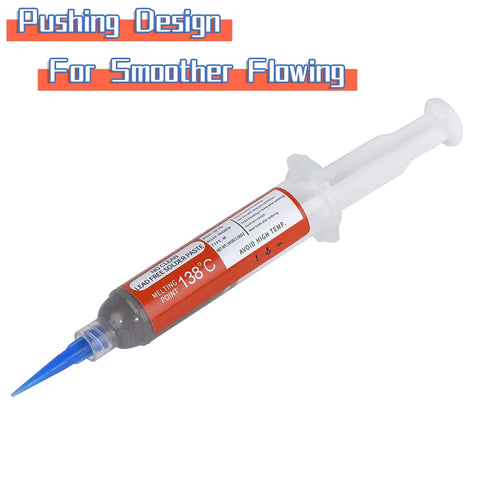 Lead Free Solder Paste No Clean Sn42 Bi58 T4, 138C Melting Point, 30g Net Weight syringe with blue nozzle for smooth flow