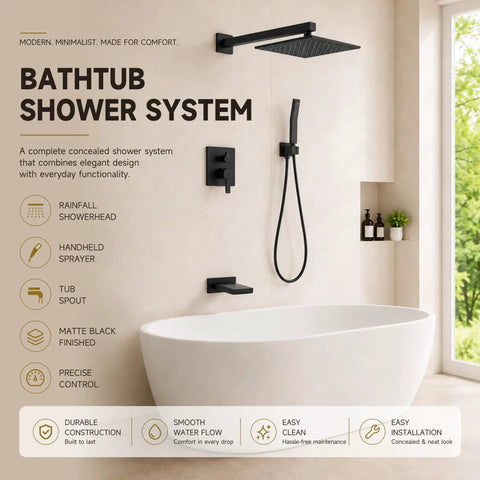 Top Shelf Heavy Duty All Metal Shower System With Tub Spout And Matte Black Finish Featuring Rock Solid 10 Inch Rain Head And Handheld Sprayer Built With Durable Valve