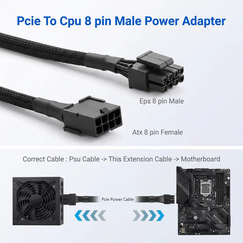Get The Ultimate Xyembu 8 Pin CPU Power Adapter For Your PC With Top Tier Copper Wires And Reliable High Density Pins That Keep Your System Running Smooth As Butter Without Any Overheat Trouble, showing EPS 8 pin male and ATX 8 pin female connectors.