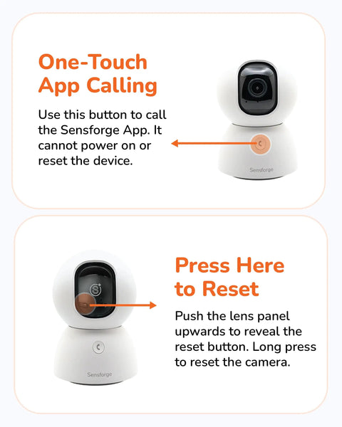 Diagram showing 2.5K Pan-Tilt Security Camera With 360 Degree View, Dual Band WiFi, AI Human And Pet Detection, front buttons labeled.