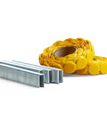 Pro Level One Inch Pneumatic Staples And Plastic Caps 2000 Count Pack showing yellow caps and metal staples for roofing use.