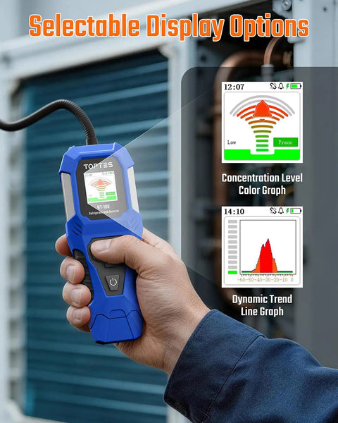 Hand holding blue RT-108 refrigerant leak detector with screen, use for HVAC Freon checks. Refrigerant Leak Detector RT 108 With Halogen Ionization Sensor For R134a CFCs HCFCs HFCs HVAC Freon Leak Detection 3 Sensitivity Levels Quick Response And AC Diagnostics Pro Grade Tool
