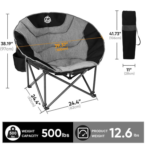 Oversized Moon Chair For Camping And Outdoors Folding Padded Saucer With Side Pocket 500 Lb Capacity Heavy Duty Steel Frame