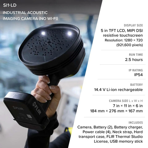 Si1-LD No WiFi Industrial Acoustic Imaging Camera held for detecting air leaks; display and features visible.