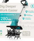 Cordless Brushless Garden Tiller Cultivator No Cord Hassle 10-Inch Wide 7-Inch Deep Electric Soil Rototiller, teal design, 280 RPM