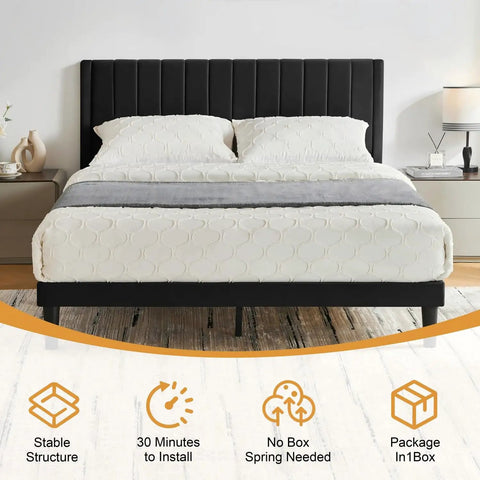 Ultra Comfy Queen Platform Bed Frame With Cozy Velvet Upholstered Headboard Built For Dead Quiet Sleep With Zero Box Spring Needed, showcasing plush headboard and stable structure.