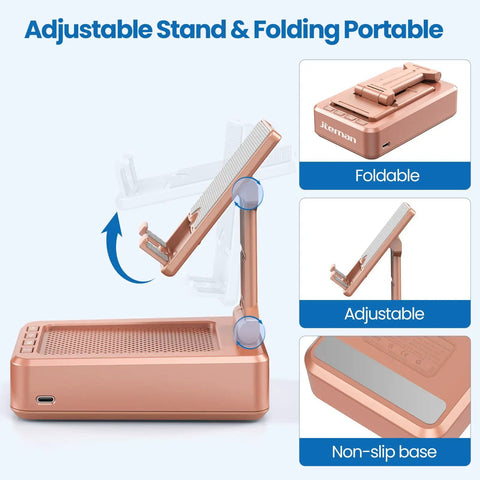 Two In One Phone Stand And Bluetooth Speaker With Built In Microphone Hands Free Desk Mount Rose Gold Adjustable and Foldable