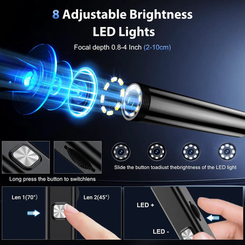 Ultra Clear Endoscope Camera With Light 1920P HD Borescope For Android And iOS Inspections with 8 adjustable LEDs and focus lens