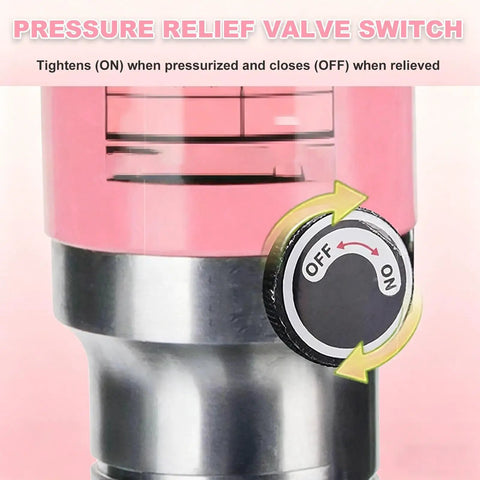 Pressure relief valve switch on metal cylinder, showing ON/OFF control and flow direction arrows