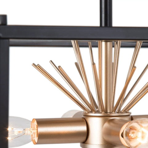 Close-up of Sick Black Semi Flush Mount Ceiling Light With Dope Gold Starburst Accent Four Light Fixtures Matte Black Frame