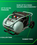 The Tank 8 Gallon Trolley Air Compressor With 225 PSI Built For Framing Siding Finish Or Roofing Nailers, Easy Mobility On Rugged Rubber Tires