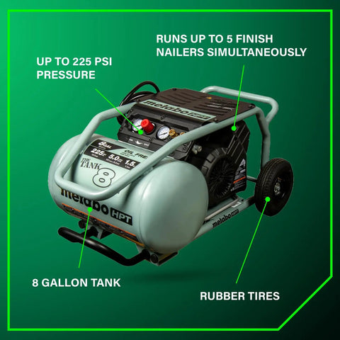 The Tank 8 Gallon Trolley Air Compressor With 225 PSI Built For Framing Siding Finish Or Roofing Nailers, Easy Mobility On Rugged Rubber Tires