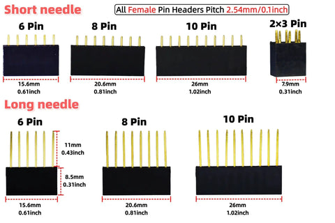 138 Piece 2.54mm Pin Header Kit With Male And Female Connectors, showing short and long needle female pin headers