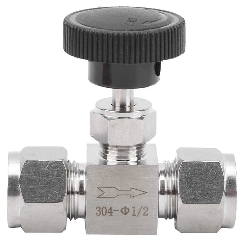 Front view of a 304 stainless steel needle valve with black knob, 1/2 in fittings, flow arrow etched on body.