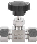 Front view: high-pressure needle valve, 304 stainless steel, black knurled knob, 1/2-inch compression fittings.
