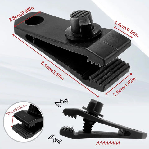 Heavy Duty Tarp Clips With Lock Grip Clamps And Thumb Screw Design Durable Nylon Weatherproof Awning Clips For Camping Tarps Awnings Caravan Canopies Car Covers Pool Covers Boat Covers showing dimensions and grip detail.