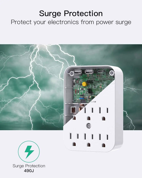 Power Strip With Built In Surge Protector Six Outlets And Three USB Ports One USB C And Two USB A Wall Mountable With Top Phone Holder 490 Joules A Real Workhorse For Home Office And School Charge Up To Nine Devices