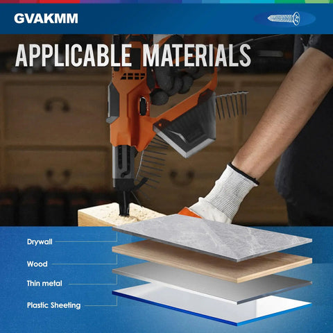 Heavy Duty Drywall To Wood Screws, Size 6 By 1-5/8 Inch Collated Fasteners, shown with materials: drywall, wood, thin metal, plastic sheeting.