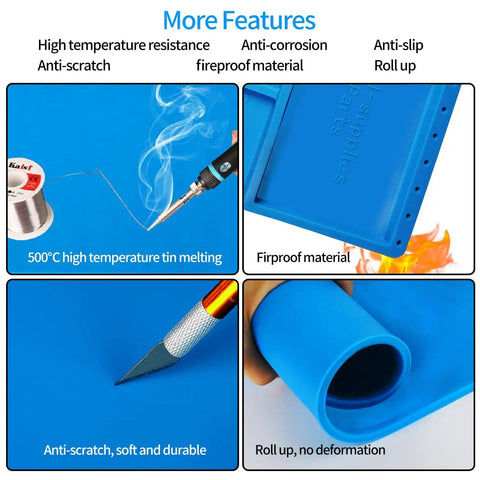 Large Soldering Mat Heat Resistant Silicone Work Pad With Magnetic Surface And Anti Static Wrist Strap Pro Grade For Soldering Station Phone Laptop Tablet Watch Repair Blue showing high temperature resistance and anti-scratch features in blue