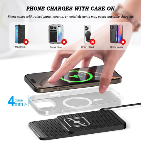 Rugged Wireless Car Charging Pad For Chevy Blazer EV 2024 To 2026 with phone and case guidelines for charging stability.