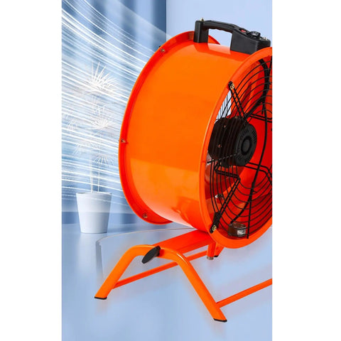 Built Like A Tank 20 Inch Heavy Duty Industrial Floor Fan With Oscillating Head Pumping Raw High Velocity Airflow To Keep Warehouse Factory Workshop Or Commercial Garage Cool, seen from the side with orange housing.