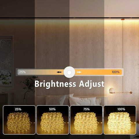 Lit 120 Led Rope Lights 40ft Plug In Outdoor String Light Set with brightness adjustment shown in various modes.