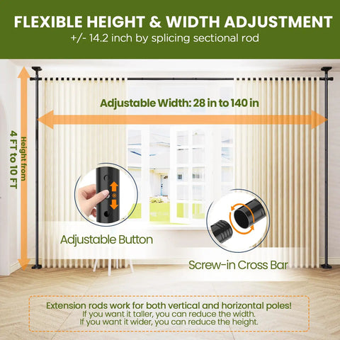 No Drill Room Divider Curtain Rod With 4 To 10 Feet Height And 28 To 140 Inch Width Heavy Duty Tension Rod For Fast Privacy Wall Partition In Dorms And Rentals Adjustable Black Metal Damage Free Install featuring adjustable width and height with button and cross bar details.