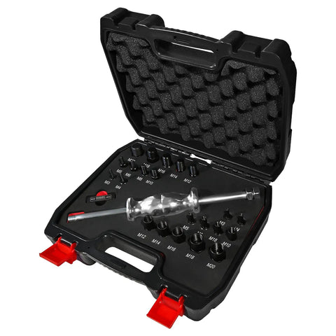 24-Piece Slide Hammer Kit in case, includes universal threaded adapters, male and female M3-M20, for auto repair and dismantling.