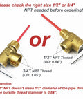Two brass safety relief valves with red handles, showing 1/2 in or 3/4 in NPT threads and extended probes.