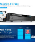 8 Channel 4K NVR Security System With Real Time 30fps, 10TB drive capacity, showcasing compression benefits, no built-in WiFi.