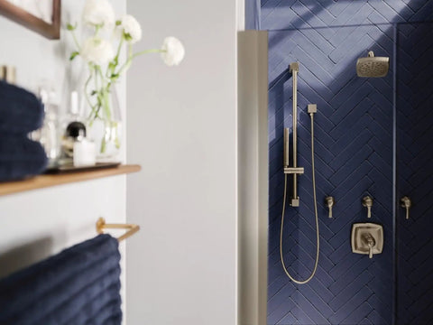 ExactTemp Volume Control Shower Rough In Valve Three Quarter Inch IPS Connection Brass Construction shown in modern shower