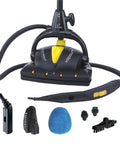 Pro Grade Steam Mop Bundle Featuring 18 Piece Precision Floor Care Kit, black steam mop with accessories for cleaning.