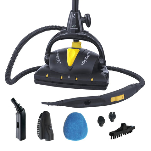 Pro Grade Steam Mop Bundle Featuring 18 Piece Precision Floor Care Kit, black steam mop with accessories for cleaning.