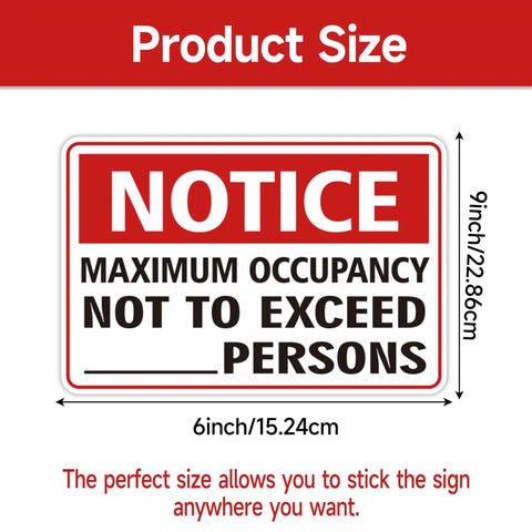 Maximum Occupancy Safety Sign Red For Restaurants And Businesses Durable Vinyl With Permanent Adhesive Waterproof UV Resistant 3 Mil Gloss Laminate Pack Of 2, showing size 9x6 inches