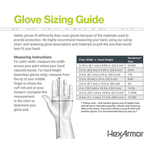Glove sizing guide with measuring instructions and HexArmor size chart for Cut-Resistant Work Gloves With Polyurethane Palm.