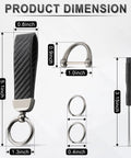 Product dimensions of Premium Leather And Slick Carbon Fiber Keychain Featuring An Anti Lost D Ring With Two Extra Key Loops.