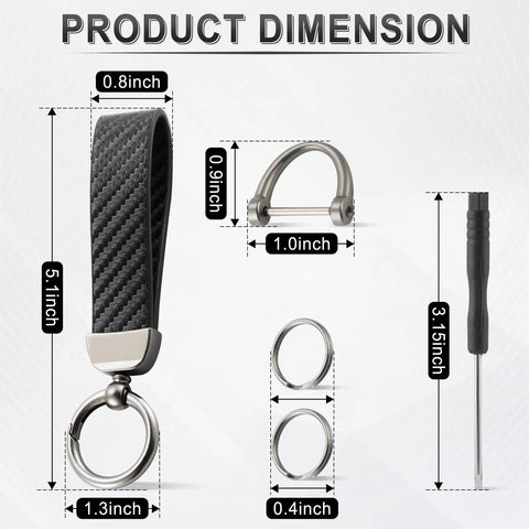 Product dimensions of Premium Leather And Slick Carbon Fiber Keychain Featuring An Anti Lost D Ring With Two Extra Key Loops.