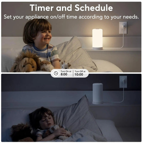 Child using Smart Plug 4 Pack 2.4GHz WiFi Only Remote Control And Timer, lamp on and off with scheduling.