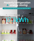 Inside view of Shop Grade 54 Inch Stainless Steel Upright Freezer With Dual Solid Doors showing energy consumption of 17.7 kWh in 24 hours.