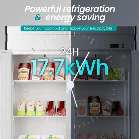 Inside view of Shop Grade 54 Inch Stainless Steel Upright Freezer With Dual Solid Doors showing energy consumption of 17.7 kWh in 24 hours.