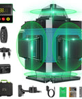 16 Line Green Laser Level 360 Self Leveling Pro Grade 4D Cross Line With Remote And 2 Batteries Adjustable Brightness 360 Degree Coverage For Tiling Flooring Construction And Picture Hanging With Accuracy To One Tenth Inch At 8 Ft., shown with remote, batteries, mount and case